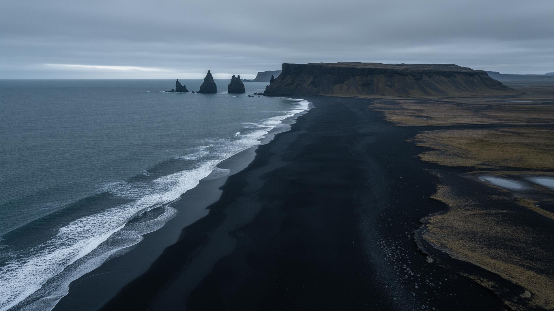 Black sand beach and winding road on Iceland's south coast